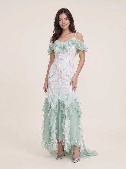 Mint Green Off Shoulder Ruffle Sleeve Beaded Sequin Mermaid High Low Formal Evening Prom Dress