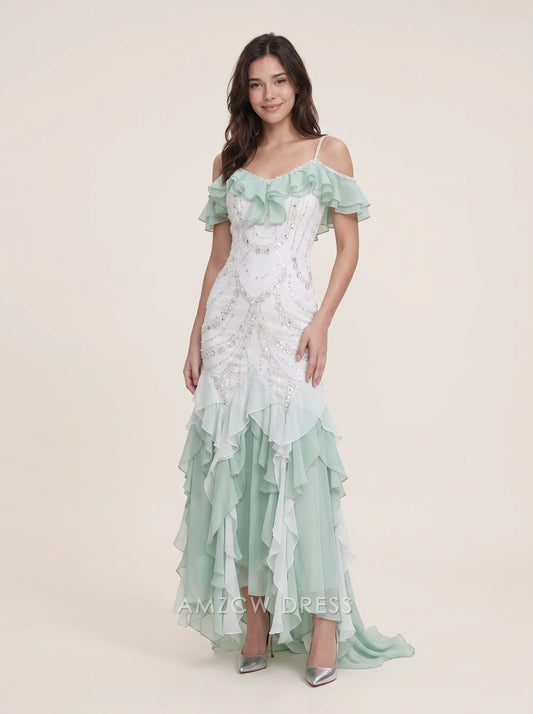 Mint Green Off Shoulder Ruffle Sleeve Beaded Sequin Mermaid High Low Formal Evening Prom Dress
