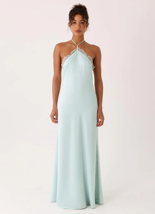 Mint Green Satin Halter Neck Lace Trim Open Back Maxi Prom Dress