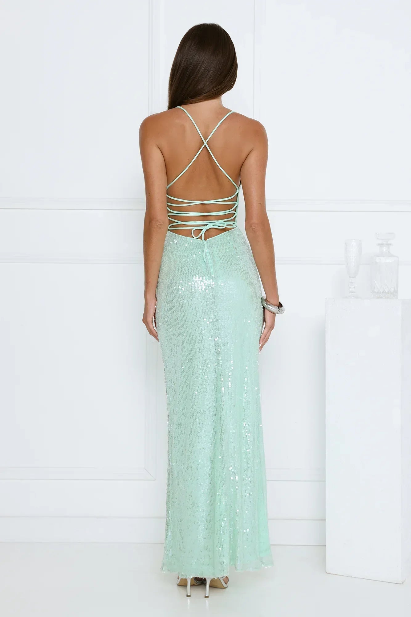 Mint Green Sequin Spaghetti Strap V-Neck Lace-Up Open Back Bodycon Floor Length Formal Evening Prom Dress