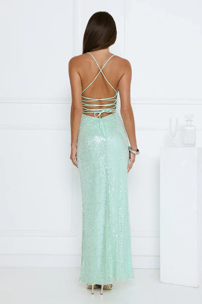 Mint Green Sequin Spaghetti Strap V-Neck Lace-Up Open Back Bodycon Floor Length Formal Evening Prom Dress