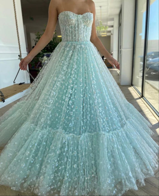 Mint Green Sequin Tulle Ball Gown Strapless Sweetheart Neck Tiered Ruffle Floor Length Formal Evening Prom Dress