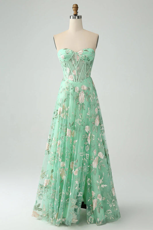 Mint Green Strapless Floral Embroidered Corset A-Line Maxi Prom Dress with Lace-Up Back
