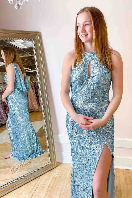 Vestido de fiesta largo de sirena con espalda descubierta y lentejuelas con abertura