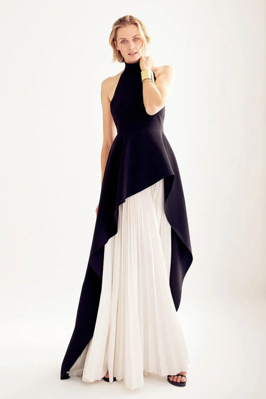 Modern Black & White Halter Gown with Asymmetric Ruffle and Pleated Panel: Prom Dress