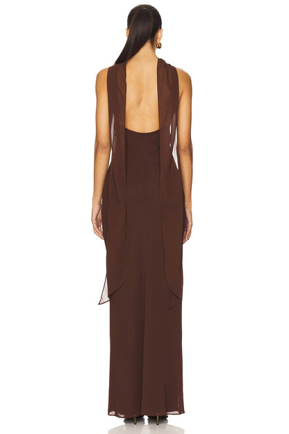 Modern Chocolate Brown Halter Maxi Gown with Open Back and Draped Detail: Evening Dresses