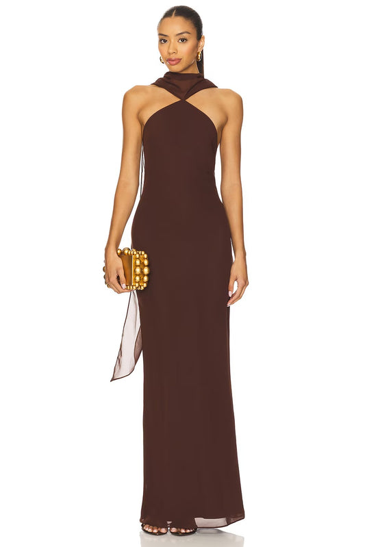 Modern Chocolate Brown Halter Maxi Gown with Open Back and Draped Detail: Evening Dresses