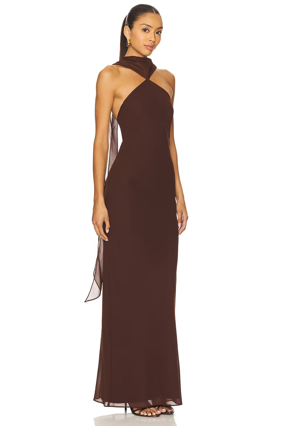 Modern Chocolate Brown Halter Maxi Gown with Open Back and Draped Detail: Evening Dresses