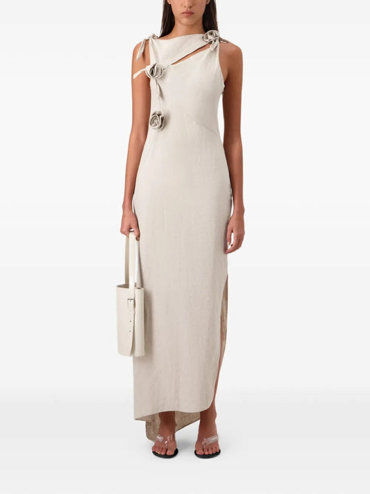 Modern Cream Linen 3D Floral Asymmetric Midi Dress