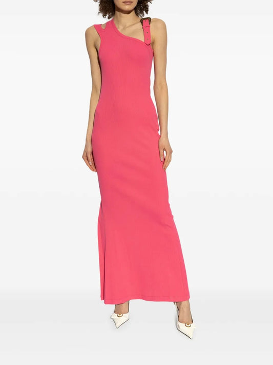 Modern Fuchsia Ribbed-Knit Asymmetric Maxi Dress