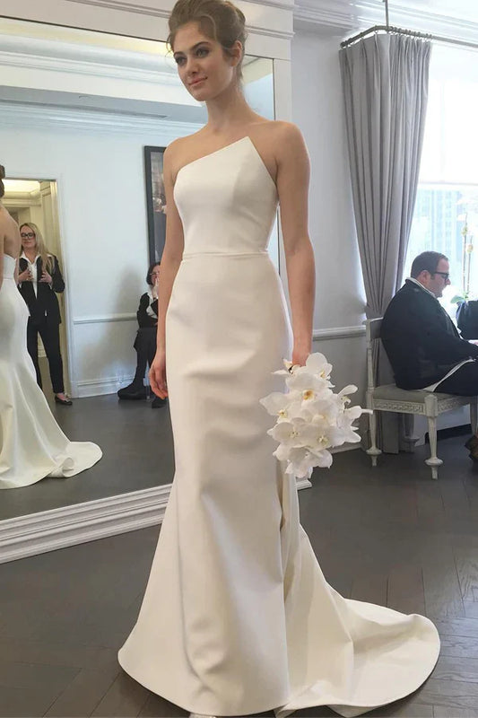 Modern Satin Mermaid One-Shoulder Sleeveless Open-Back Floor-Length Wedding Gown