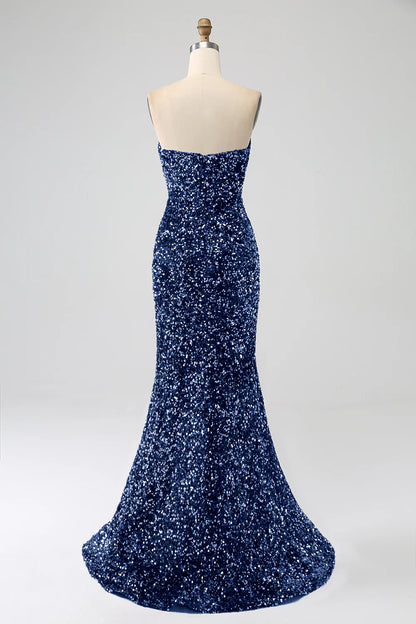 Amzcw Navy Mermaid Strapless Sequins Long Prom Dress With Slit