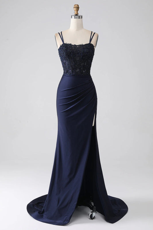 Navy Blue Double Spaghetti Strap Lace Beaded Mermaid Prom Dress with Lace-Up Back and Slit