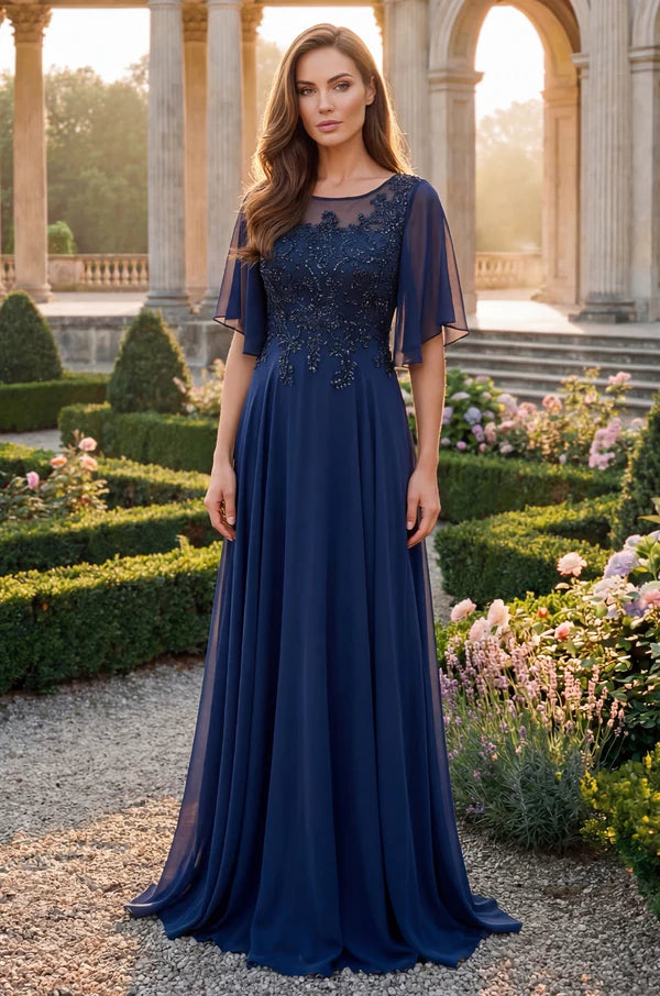 Navy Blue Flutter Sleeve Beaded A Line Floor Length Formal Evening Prom Dress