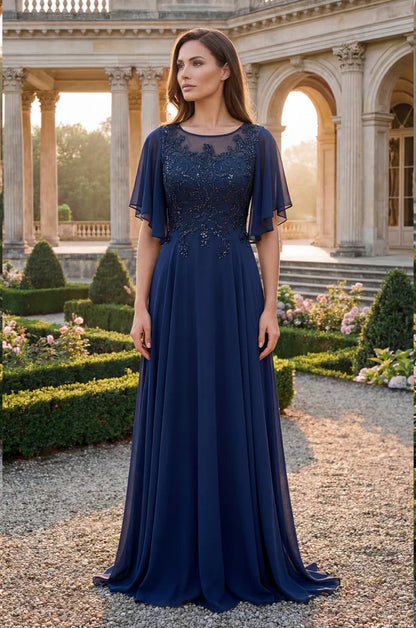 Navy Blue Flutter Sleeve Beaded A Line Floor Length Formal Evening Prom Dress