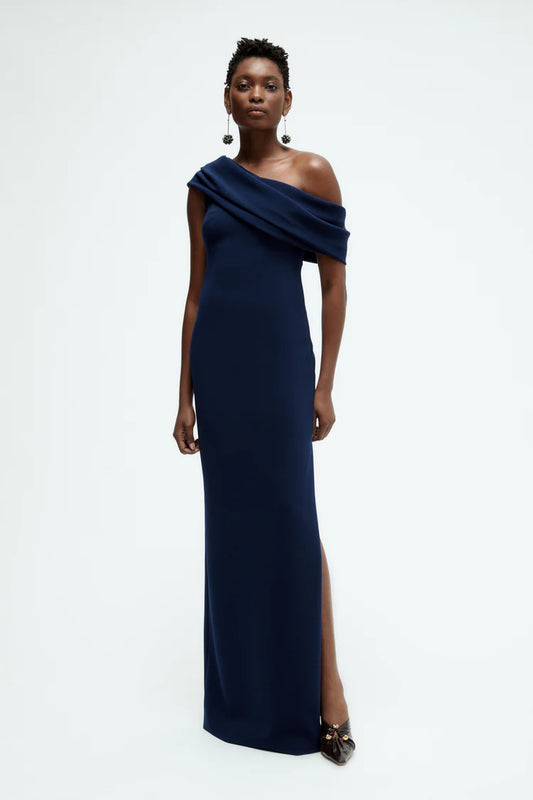 Navy Blue Off Shoulder Draped Ruched Maxi Prom Dress Formal Evening Gown with Slit