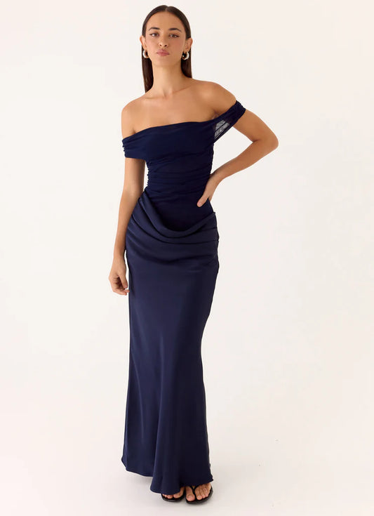 Navy Blue Off The Shoulder Ruched Mesh Satin Maxi Prom Dress