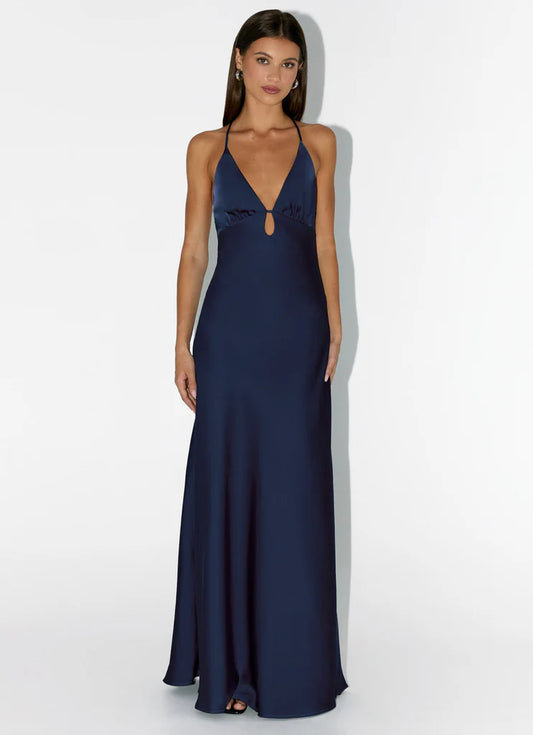 Navy Blue Satin Halter Neck Maxi Prom Dress with Cross Back and Keyhole