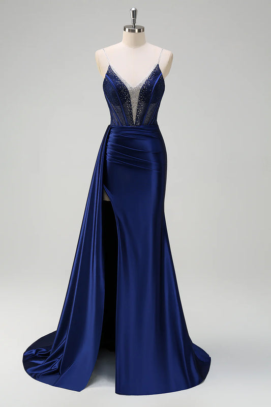 Navy Blue Satin Sheer Beaded Corset Spaghetti Strap Mermaid Prom Dress with Slit and Train