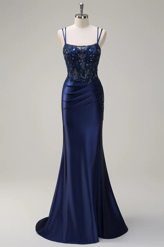 Navy Blue Satin Spaghetti Strap Beaded Lace Corset Mermaid Prom Dress with Train
