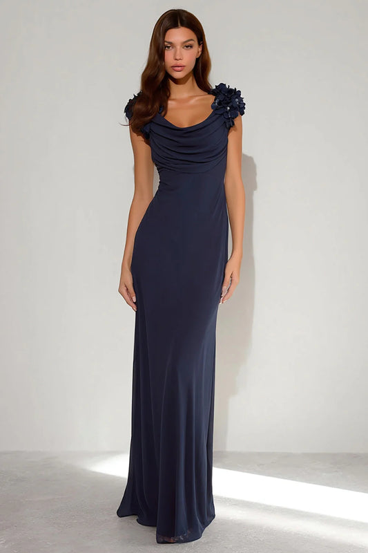 Navy Blue Sleeveless Prom Dress With 3D Floral Shoulder Detail And Cowl Back Mermaid Formal Prom Dress