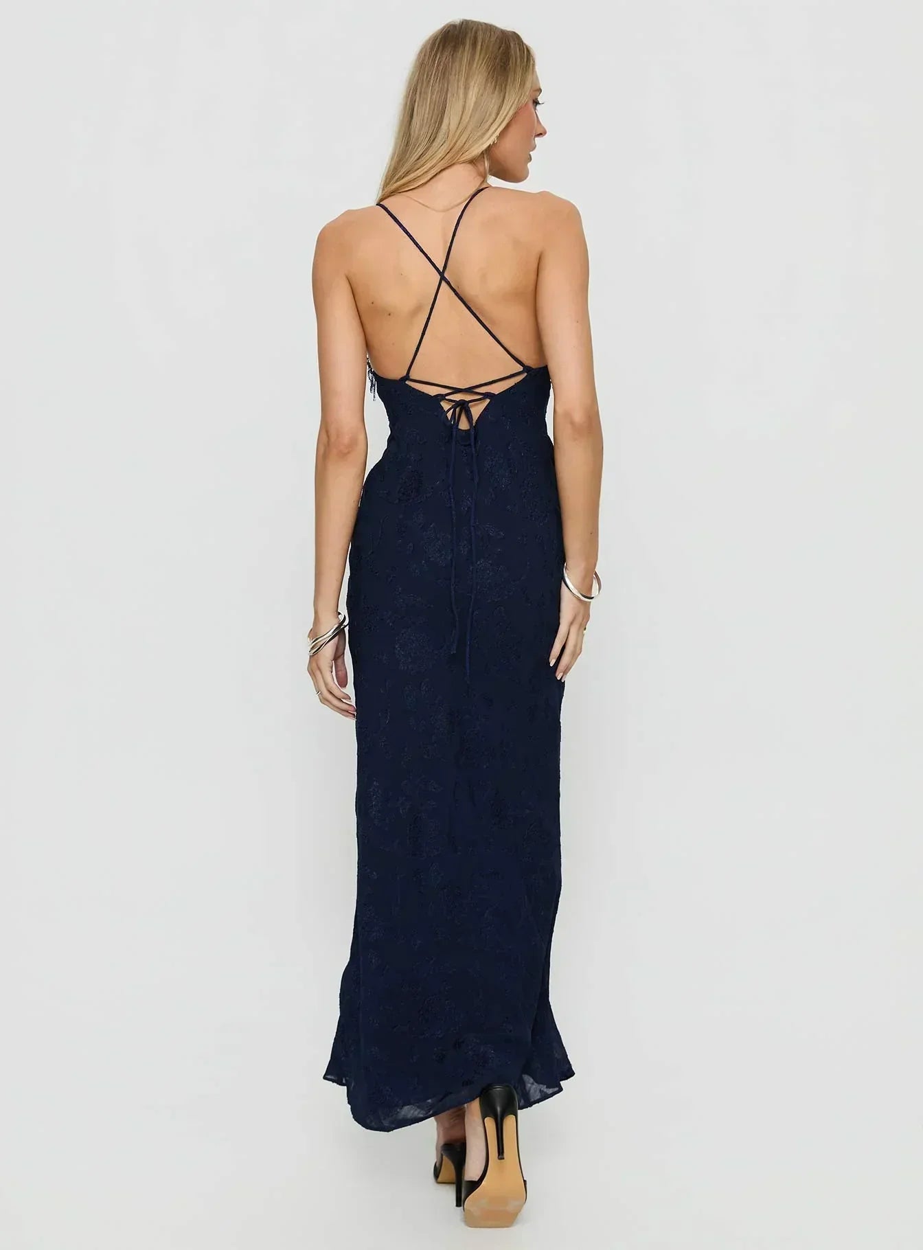 Navy Blue Spaghetti Strap Floral Lace Dress With Beaded Trim and Lace-Up Back Formal Evening Prom Dress