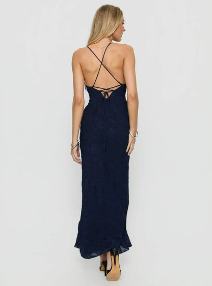 Navy Blue Spaghetti Strap Floral Lace Dress With Beaded Trim and Lace-Up Back Formal Evening Prom Dress