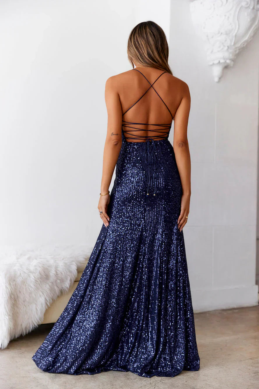 Navy Blue Spaghetti Strap Sequin Mermaid Gown With Lace-Up Back and High Slit Formal Evening Prom Dress