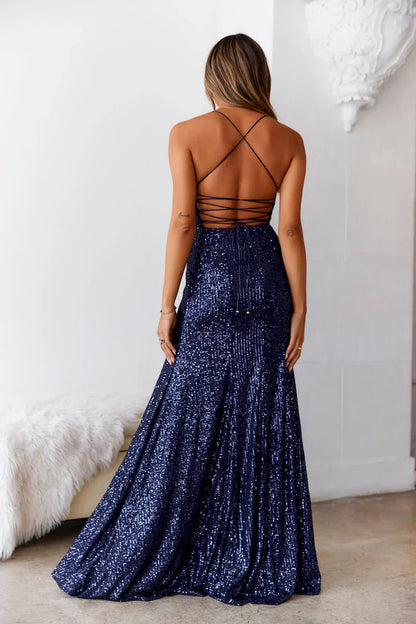 Navy Blue Spaghetti Strap Sequin Mermaid Gown With Lace-Up Back and High Slit Formal Evening Prom Dress