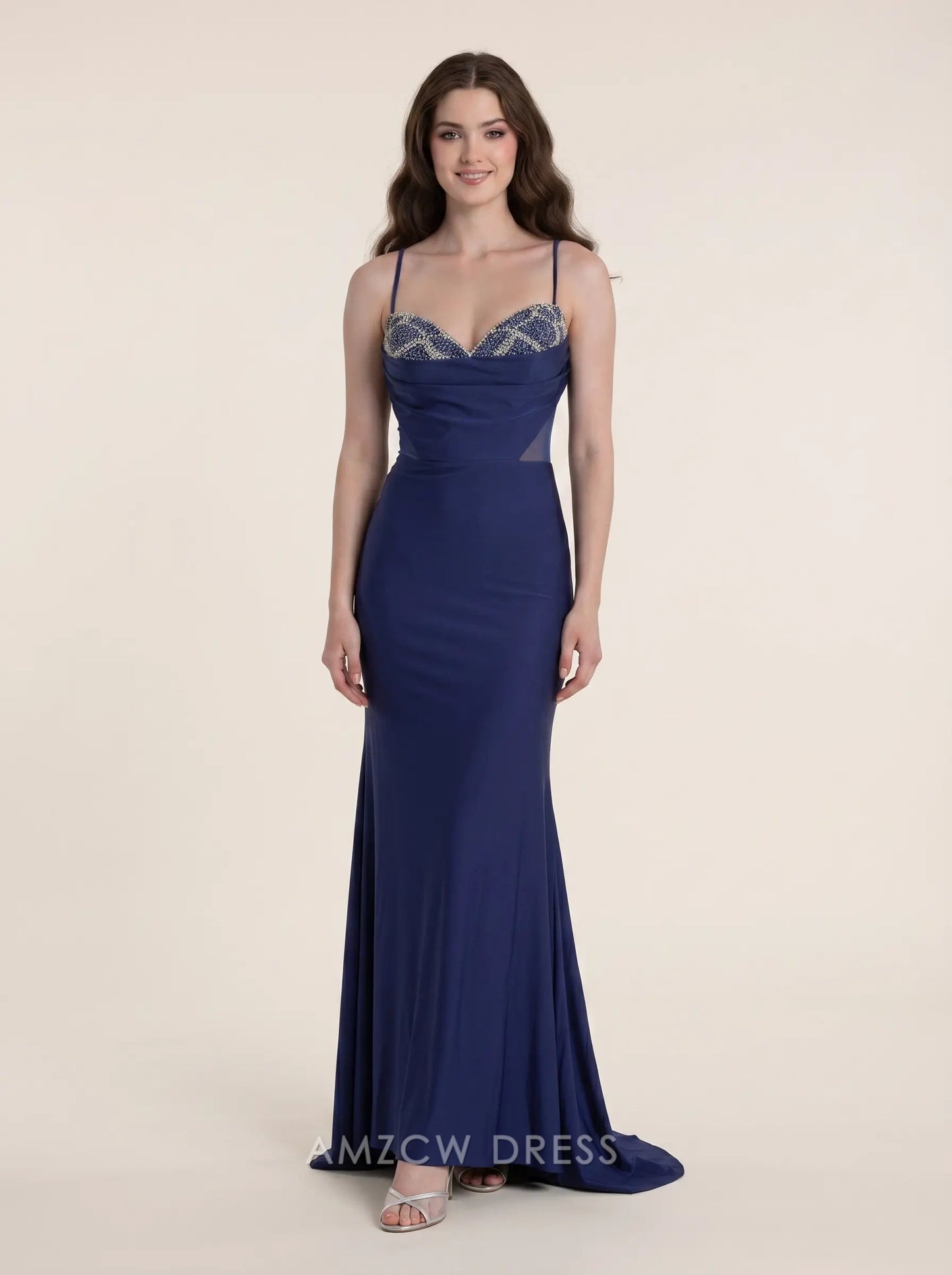Navy Blue Spaghetti Strap Sweetheart Neck Rhinestone Embellished Mesh Cutout Jersey Mermaid Floor Length Formal Evening Prom Dress