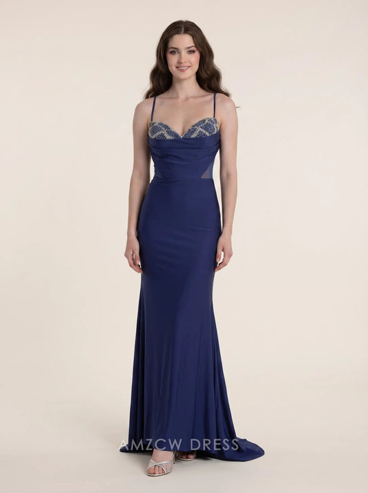 Navy Blue Spaghetti Strap Sweetheart Neck Rhinestone Embellished Mesh Cutout Jersey Mermaid Floor Length Formal Evening Prom Dress
