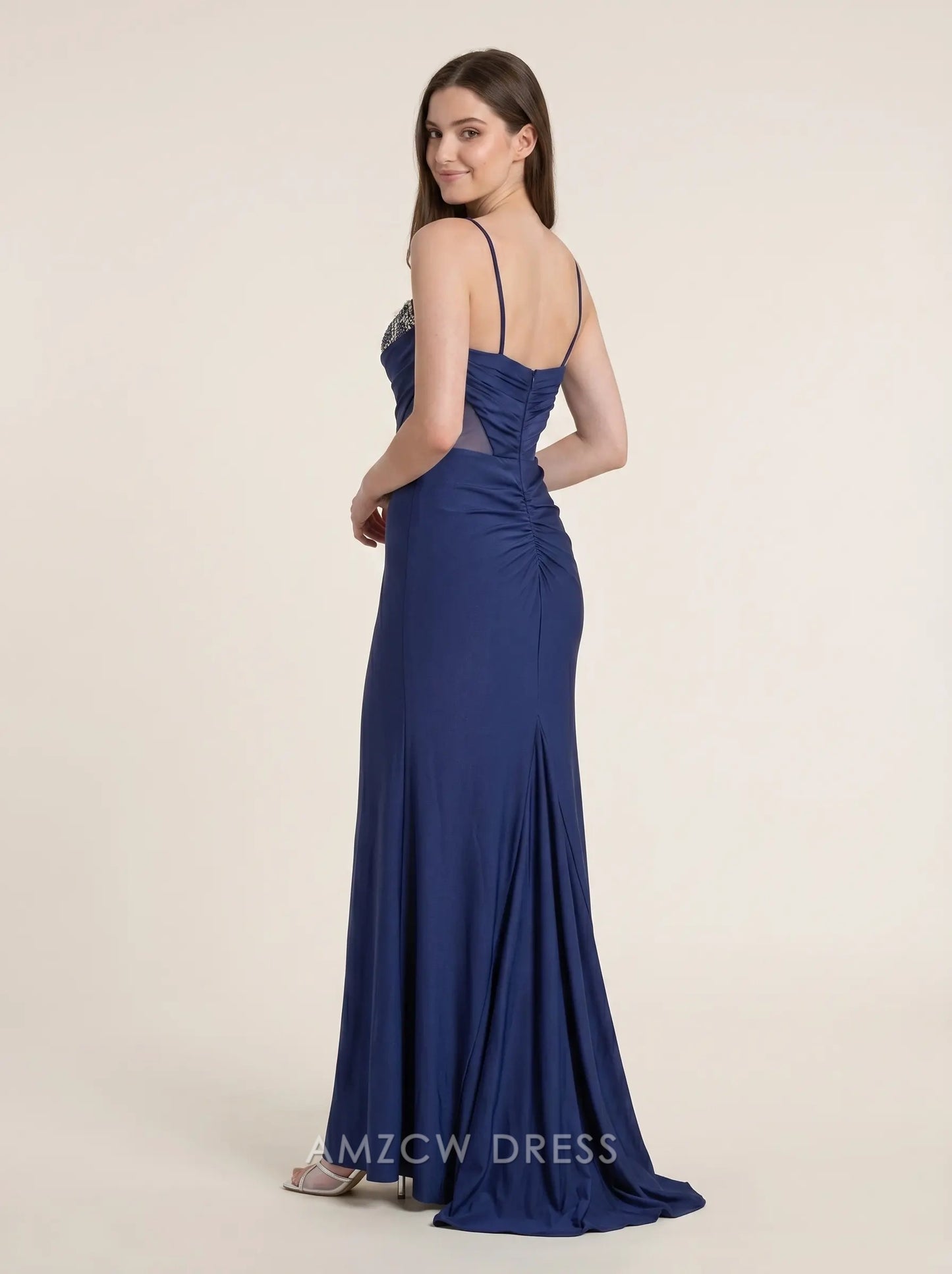 Navy Blue Spaghetti Strap Sweetheart Neck Rhinestone Embellished Mesh Cutout Jersey Mermaid Floor Length Formal Evening Prom Dress