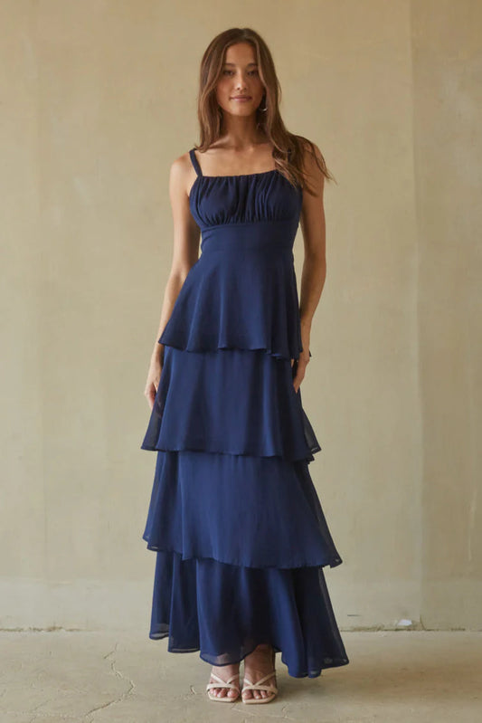 Navy Blue Spaghetti Strap Tiered Chiffon Prom Dress with Bow Back for Formal Events and Prom Nights