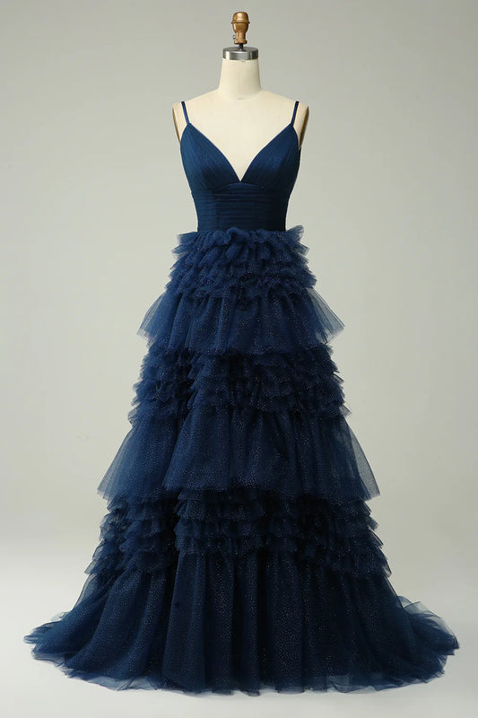 Navy Blue Spaghetti Strap V-Neck Tiered Ruffle Glitter Tulle Maxi Prom Dress