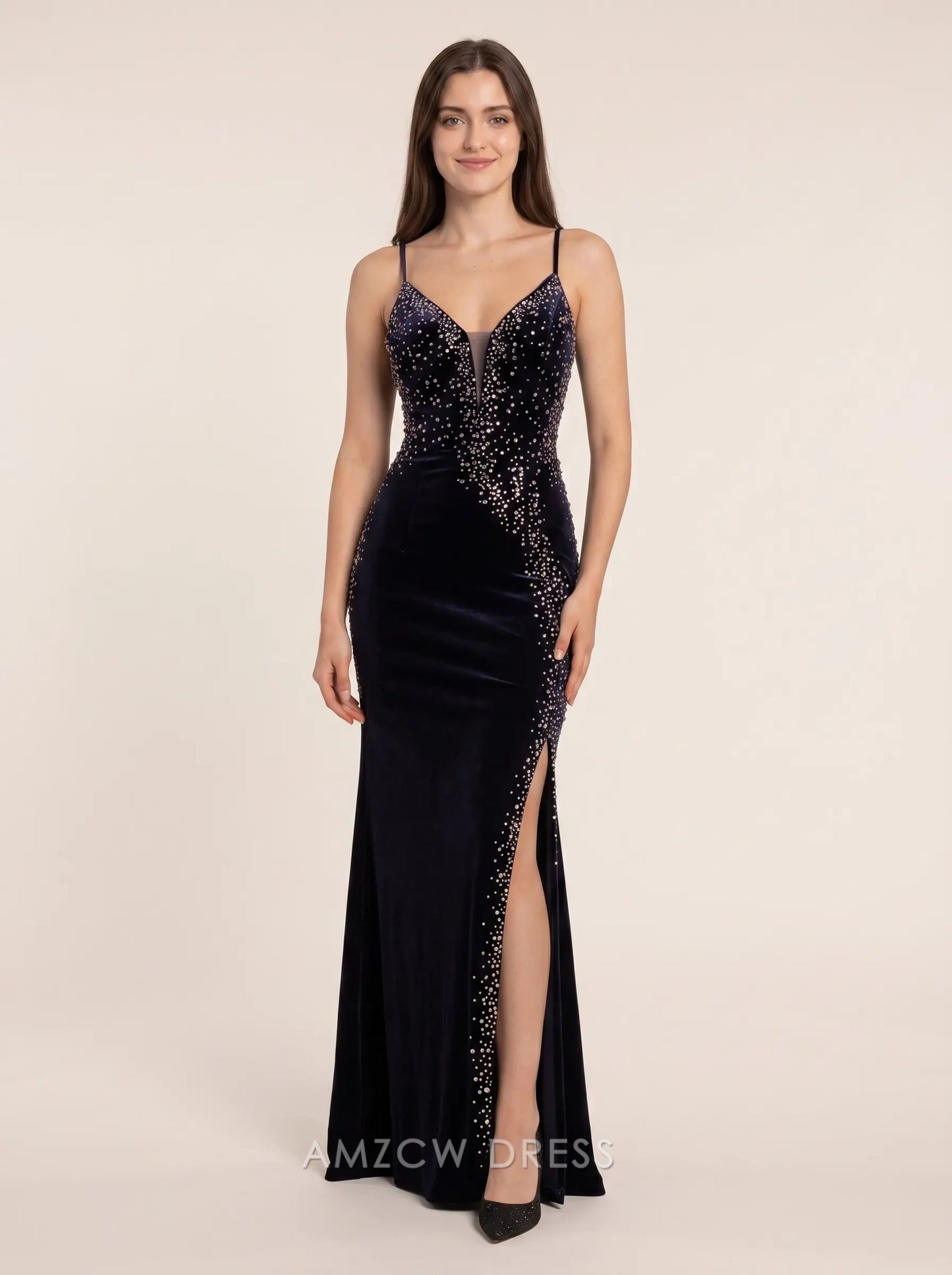 Navy Blue Spaghetti Strap V Neck Rhinestone Embellished Velvet Mermaid High Slit Floor Length Formal Evening Prom Dress
