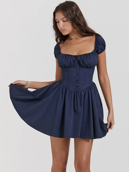 Navy Blue Square Neck Puff Sleeve Corset Waist Flared A Line Mini Homecoming Dress