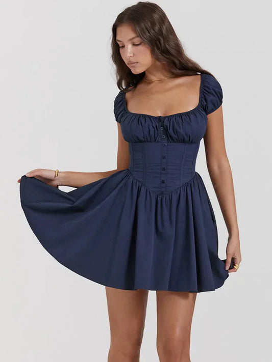 Navy Blue Square Neck Puff Sleeve Corset Waist Flared A Line Mini Homecoming Dress