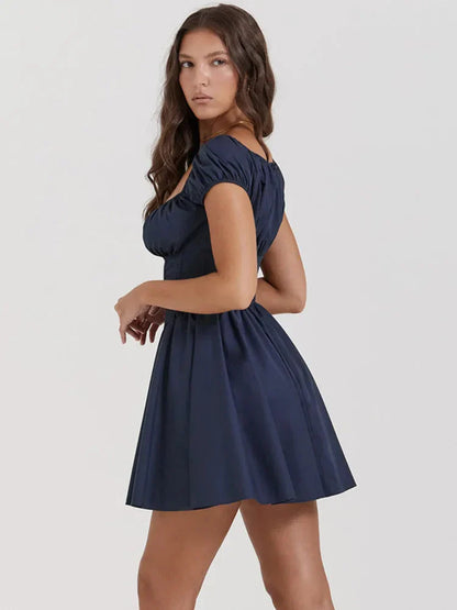 Navy Blue Square Neck Puff Sleeve Corset Waist Flared A Line Mini Homecoming Dress