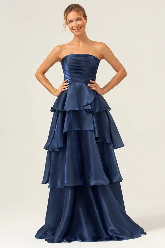 Navy Blue Strapless Ruched Bodice Tiered Ruffle A-Line Maxi Prom Dress