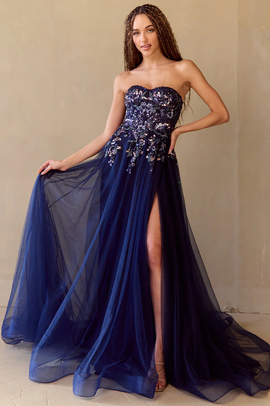 Navy Blue Strapless Sequin Floral Embellished Lace-Up Back Slit Tulle Prom Dress