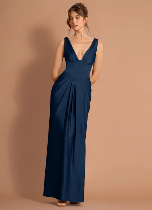 Navy Blue V Neck Prom Dress with Corset Bodice and Pleated Skirt for Formal Events and Evening Occasions