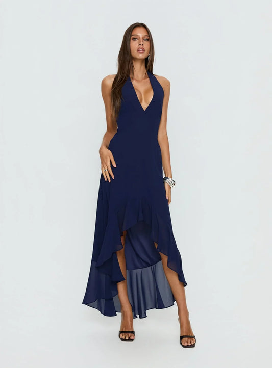 Navy Halter Prom Dress with Deep V Neck and High Low Skirt for Formal Events and Prom Nights