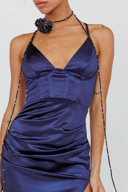 Navy Satin Ruched Crisscross Back High Slit Maxi Prom Dress