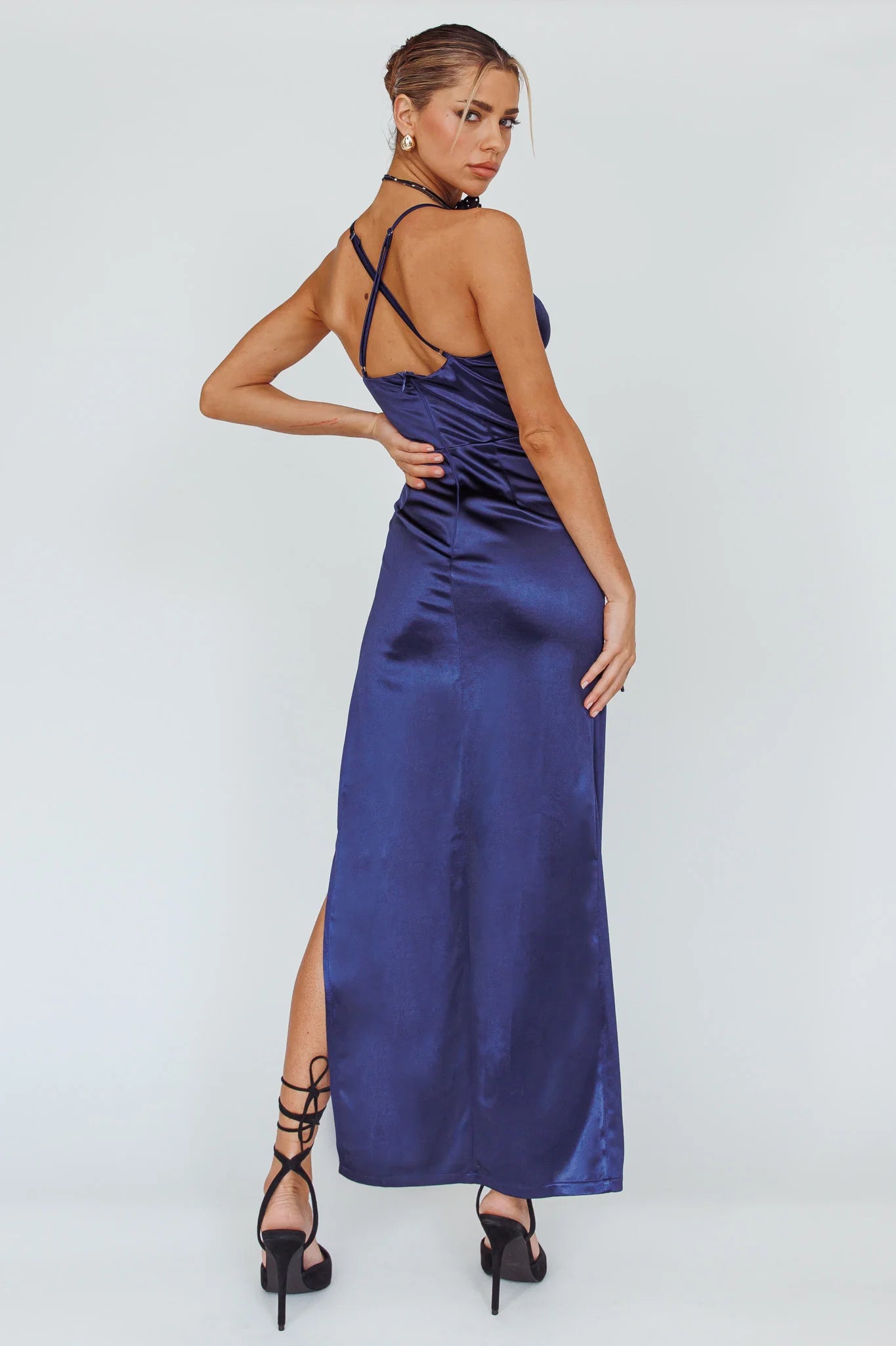 Navy Satin Ruched Crisscross Back High Slit Maxi Prom Dress