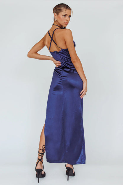 Navy Satin Ruched Crisscross Back High Slit Maxi Prom Dress