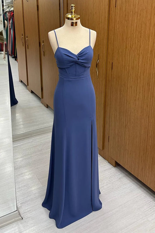 Amzcw Navy Twist-Front Long Formal Dress with Spaghetti Straps
