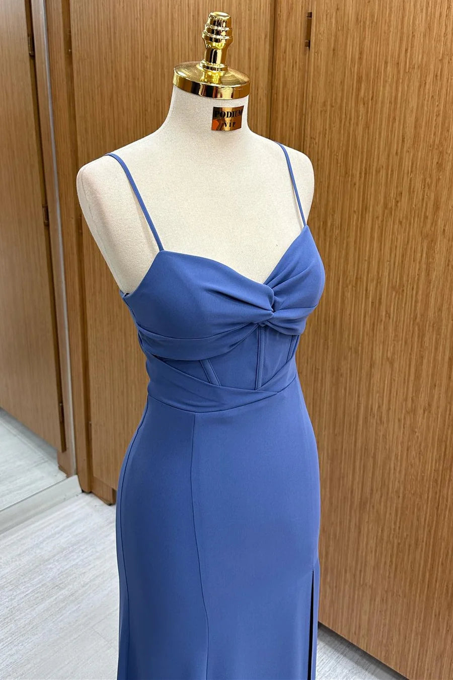 Amzcw Navy Twist-Front Long Formal Dress with Spaghetti Straps