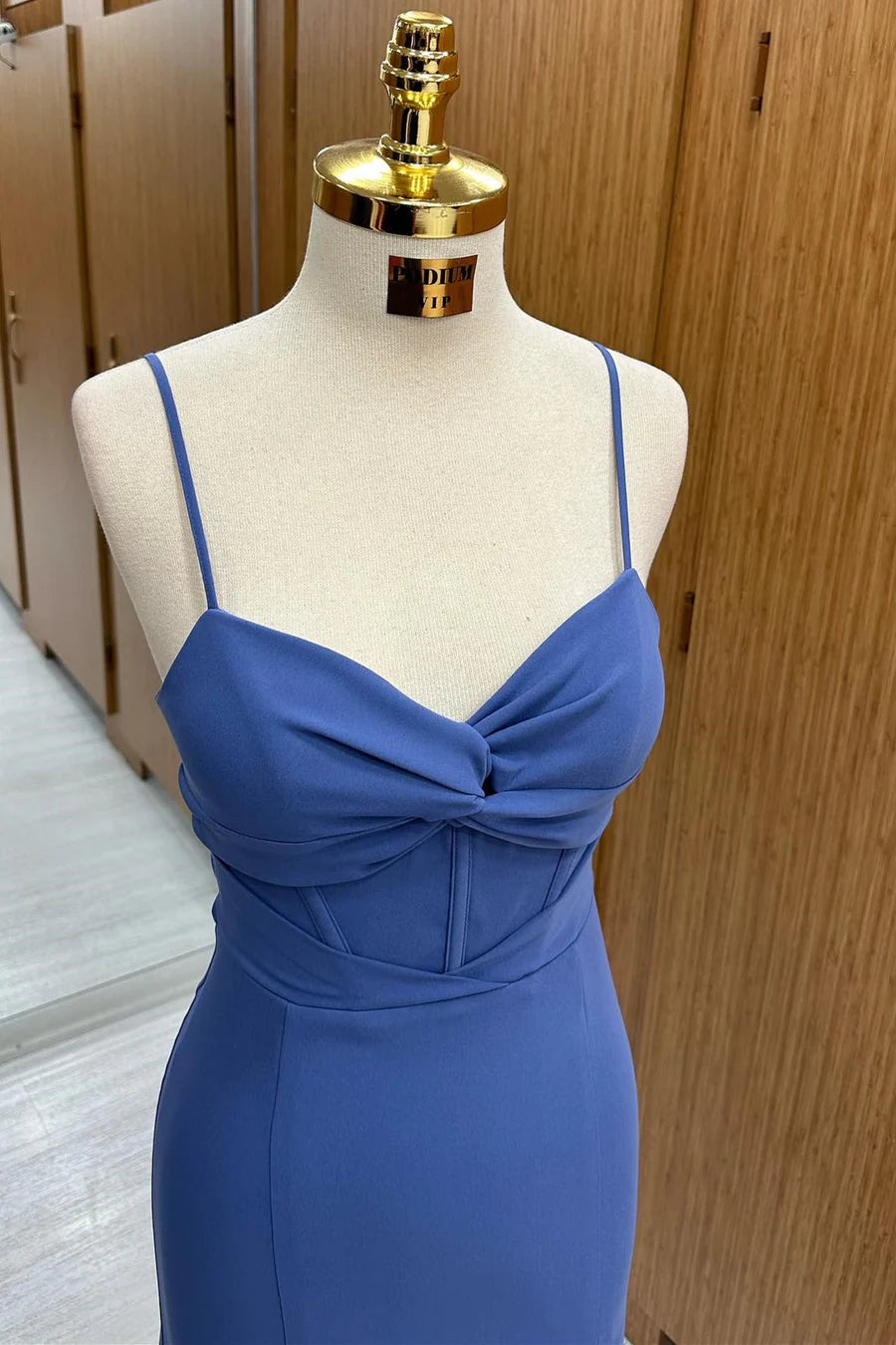 Amzcw Navy Twist-Front Long Formal Dress with Spaghetti Straps