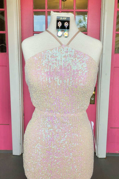 Vestidos de noche de sirena con lentejuelas y espalda abierta y cuello halter 