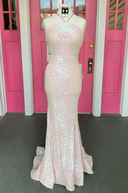 Vestidos de noche de sirena con lentejuelas y espalda abierta y cuello halter 